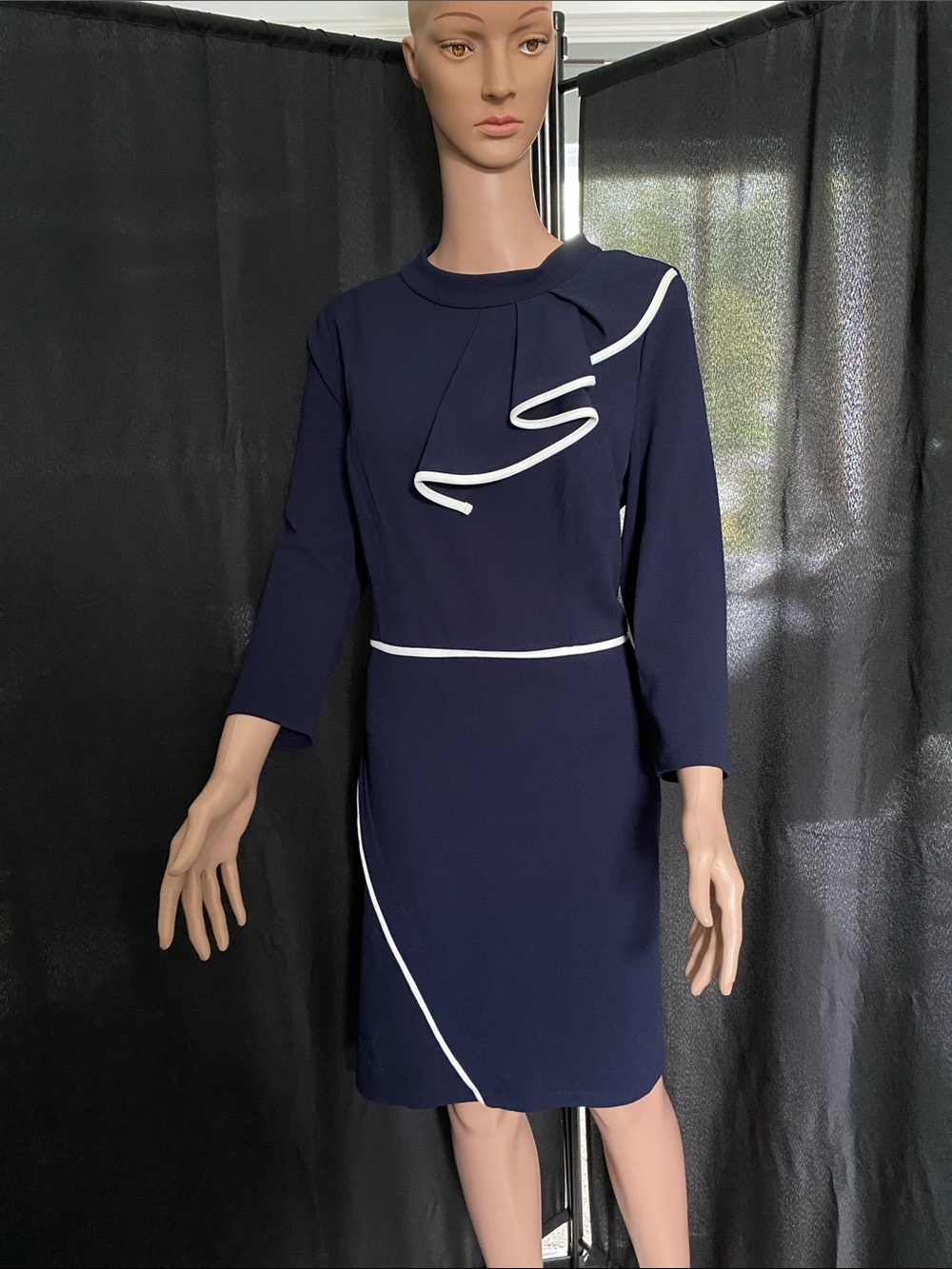 Glamour Navy Dress with White Piping Detail